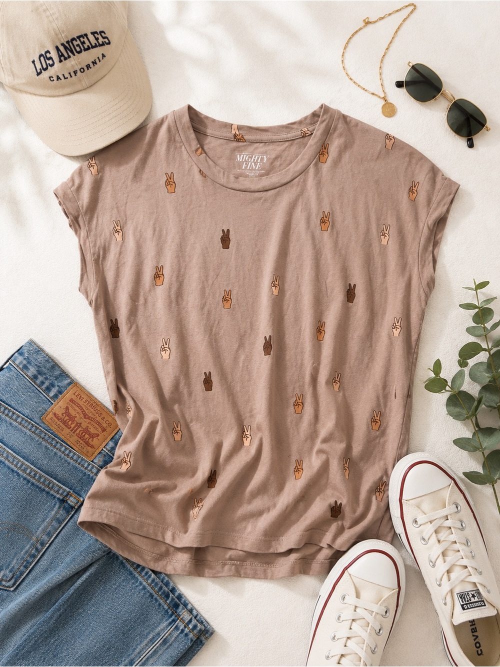 Mighty Fine Tan Retro Peace Sign Cap Sleeve Tee XS